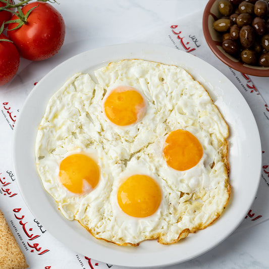 "Traditional Lebanese fried eggs plate at Falafel Abou Andre served with tomatoes, radishes, onions, fresh mint, pickled cucumbers and turnips, Lebanese olives, and warm Lebanese bread."
